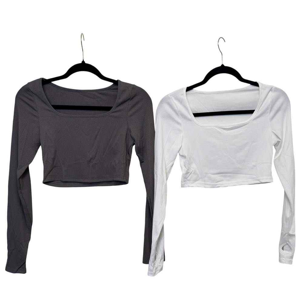 Womens Crop Top Set 2 Medium Grey White Ribbed Stretch Square Neck Basic Layers
